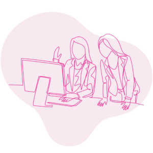 Drawing of two women looking at a computer
